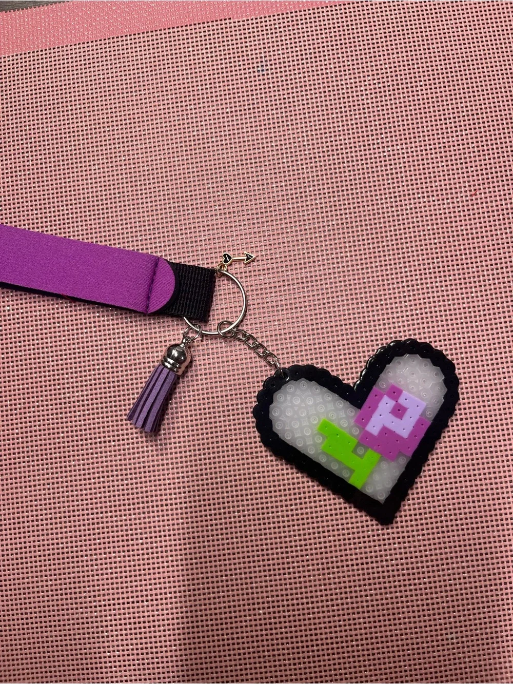 Purple Tassel Heart Keychain with Neon Pixel Accent